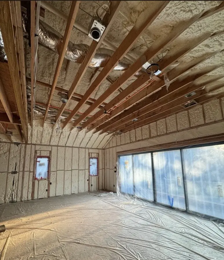 Interior walls and ceiling insulated with spray foam during new construction in Perry Hall